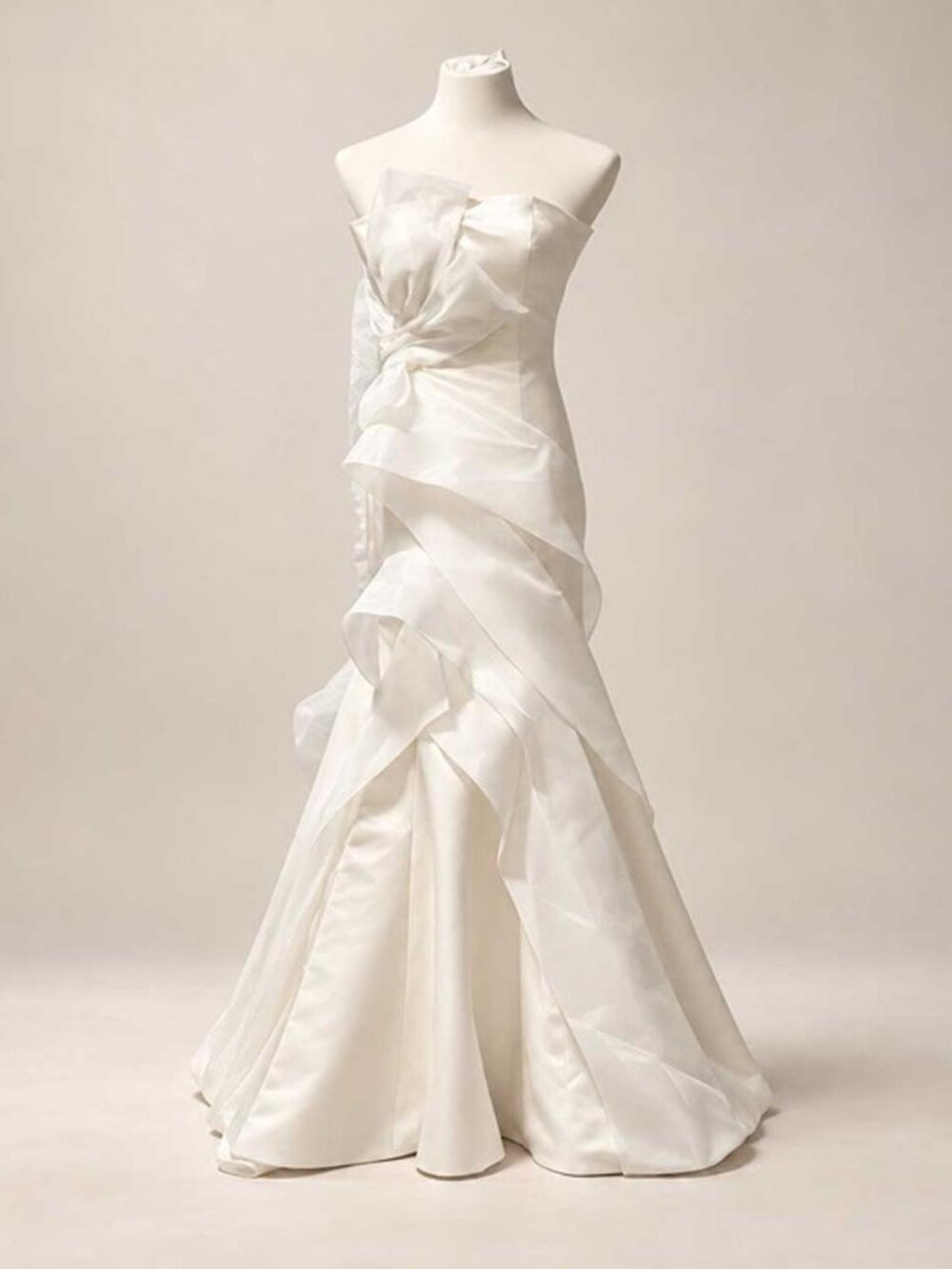 Strapless Satin Mermaid Wedding Dress Size 00 Ivory Organza Ruffle Bow